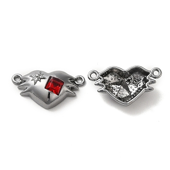 Alloy Connector Charms, Heart Links with Glass, Lead Free & Cadmium Free, Gunmetal, Red, 12x21.5x5.5mm, Hole: 1.4mm