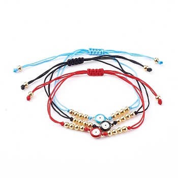 Adjustable Nylon Thread Braided Bead Bracelets, with 304 Stainless Steel Enamel Links and Brass Beads, Evil Eye, Golden, Mixed Color, Inner Diameter: 5/8~3-1/2 inch(1.5~9cm), 3pcs/set