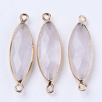 Natural Quartz Crystal Links Connectors, with Light Gold Plated Edge Iron Loops, Rice, Faceted, 34~35x10x5.5mm, Hole: 2mm