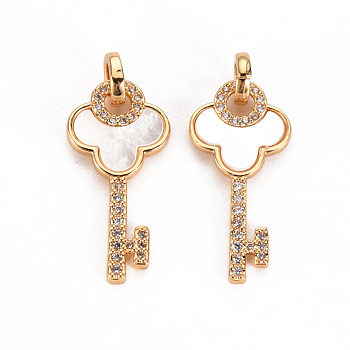 Brass Micro Pave Clear Cubic Zirconia Pendants, with Natural Shell, Nickel Free, Key, Real 18K Gold Plated, 23.5x11.5x2mm, Ring: 6x1.5mm, 1/8 inch(3mm) inner diameter