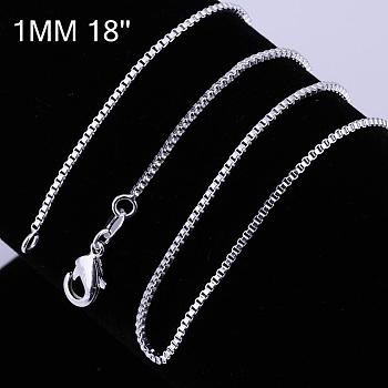 Brass Box Chain Fine Necklaces, with Lobster Claw Clasps, Silver Color Plated, 18 inch, 1mm