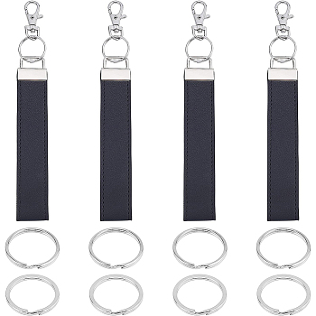 BENECREAT PU Leather and Alloy Clasp Keychain, with Iron Split Key Rings, Platinum, Keychain: 147x26mm, 4pcs; Key Rings: 30mm, 8pcs