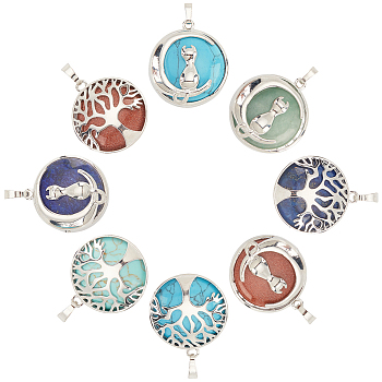 Elite 8Pcs 8 Styles Gemstone Pendants, Flat Round Charms, with Platinum Plated Brass Findings, Kitten & Tree of Life, 31~32x27~27.5x8~10mm, Hole: 3.5~5x7mm, 1pc/style