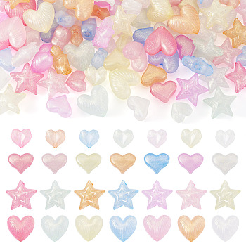 100Pcs 4 Styles Luminous Transparent Acrylic Beads, Heart & Star, with Glitter Powder, Mixed Color, 13~20x14.5~22x8.5~10.5mm, Hole: 1.8~3.5mm, 25pcs/style