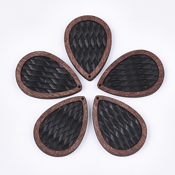 Eco-Friendly Cowhide Leather Pendants, with Dyed Wood, Imitation Woven Rattan Pattern, Teardrop, Black, 46x32.5x4mm, Hole: 1.2mm