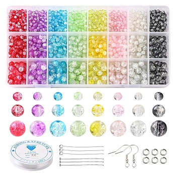 DIY Sparkling Beads Earring Bracelet Making Kit, Including Iron Earring Hooks, Glass Round Crackle Beads, Elastic Thread, Mixed Color, 3630Pcs/set
