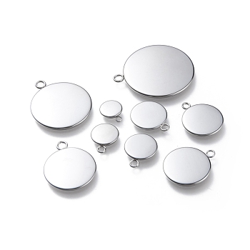 201 Stainless Steel Pendant Cabochon Setting, Plain Edge Bezel Cups, Flat Round, Stainless Steel Color, Tray: 8~30.5mm, 19.5~37x16~32x2mm, Hole: 3mm, 90pcs/box