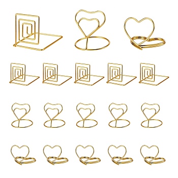 18Pcs 3 Style Carbon Steel Place Card Holders, Wire Table Number Holder Stand, for Memo Note Name Sign Wedding Party Birthday, Heart & Square, Light Gold, 6pcs/style
