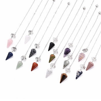Natural & Synthetic Mixed Gemstone Hexagonal Pointed Dowsing Pendulums, with Platinum Plated Brass Findings, Vortex & Cone, 240x2x0.1mm, Hole: 2mm
