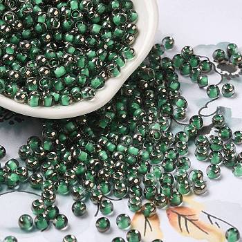 Transparent Inside Colours Glass Seed Beads, Half Plated, Round Hole, Round, Light Green, 4x3mm, Hole: 1.2mm, 7650pcs/pound