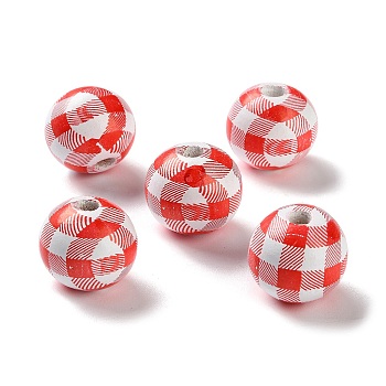 Printed Wood European Beads, Round with Tartan Pattern, Red, 20x18mm, Hole: 4mm