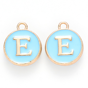 Golden Plated Alloy Enamel Charms, Cadmium Free & Lead Free, Enamelled Sequins, Flat Round with Letter, Sky Blue, Letter.E, 14x12x2mm, Hole: 1.5mm