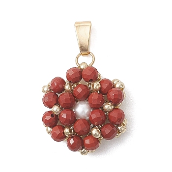 Natural Red Jasper Faceted Round Cluster Flower Pendants, Beaded Charms with Glass Seed Baeds and 304 Stainless Steel Snap on Bails, Golden, 21x16x5.5mm, Hole: 6.5x3mm