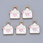 Alloy Enamel Pendants, Envelope with heart, Light Gold, Pearl Pink, 16x13x1.5mm, Hole: 1.8mm(X-ENAM-N054-033)