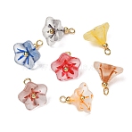 Baking Paint Frosted Glass Pendants, Flower Charms, with Brass Loops, Real 18K Gold Plated, Mixed Color, 14x13x13mm, Hole: 2.3mm(GL-CBA010C-01G)