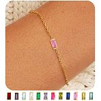 Octor Birthstone Brass Pave Cubic Zirconia Rectangle Link Bracelets, Cable Chain Bracelets for Women, Pink, 6-3/4 inch(17cm)(WG17BBA-09)