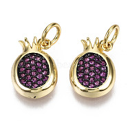 Brass Micro Pave Cubic Zirconia Charms, with Jump Ring, Nickel Free, Pomegranate, Purple, Real 16K Gold Plated, 12x9x2.5mm, Jump Ring: 5x1mm, 3mm inner diameter(ZIRC-N039-068-NF)