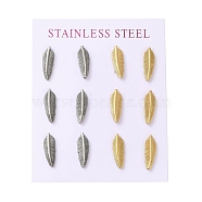 Ion Plating(IP) 304 Stainless Steel Feather Stud Earrings, with Rhinestone, Golden & Stainless Steel Color, 15.5x5.5mm(EJEW-C099-11PG)