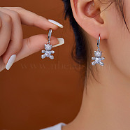 Cute Cartoon Bear Brass Hoop Earrings, with Rhinestone, Silver, 31x13mm(RU9972-4)