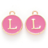 Golden Plated Alloy Enamel Charms, Cadmium Free & Lead Free, Enamelled Sequins, Flat Round with Letter, Camellia, Letter.L, 14x12x2mm, Hole: 1.5mm(ENAM-S118-08L)