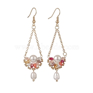 Natural Pearl & Glass Teardrop with Flower Dangle Earrings, Golden Brass Jewelry for Women, Red, 74mm, Pin: 0.5mm(EJEW-TA00222-04)