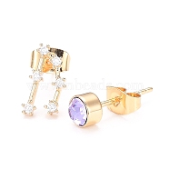 Brass Micro Pave Cubic Zirconia Stud Earrings, Asymmetrical Earrings, with 925 Sterling Silver Pins and Ear Nuts, Flat Round & Constellation/Zodiac Sign, Golden, Lilac, Capricorn, 11.5x6mm and 5mm, Pin: 0.8mm(EJEW-I253-01B)