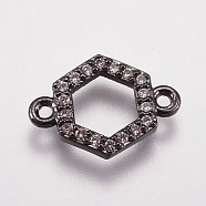 Brass Micro Pave Cubic Zirconia Links, Hexagon, Clear, Gunmetal, 10x14x2mm, Hole: 1mm(KK-I614-037B)