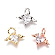 Brass Micro Pave Clear Cubic Zirconia Charms, Long-Lasting Plated, with Jump Rings, Heart with Wing, Mixed Color, 8x12x3mm, Hole: 3mm(ZIRC-O035-26)