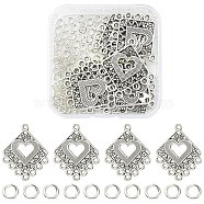 20Pcs Tibetan Style Alloy Chandelier Component Links, Rhombus & Heart, with 100Pcs Jump Rings, Antique Silver, 30x24.5x0.9mm, Hole: 1.6mm & 1.8mm(FIND-YW0003-29)
