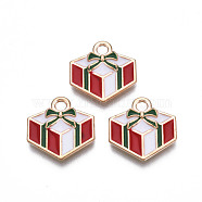 Christmas Alloy Enamel Pendants, Cadmium Free & Lead Free, Light Gold, Christmas Gift, White, 15.5x15x2mm, Hole: 2mm(ENAM-Q442-59)