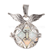 Alloy Cage Pendants, with Opalite, Round with Wing, Platinum, 28x30x21mm, Hole: 7x3mm(G-Q480-03)