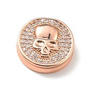 Brass Micro Pave Clear Cubic Zirconia Beads, Long-Lasting Plated, Lead Free & Cadmium Free, Flat Round with Skull, Rose Gold, 14.5x4mm, Hole: 1.8mm(KK-E001-01RG)