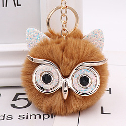 Pom Pom Ball Keychain, with KC Gold Tone Plated Alloy Lobster Claw Clasps, Iron Key Ring and Chain, Owl, Chocolate, 12cm(KEYC-PW0002-033C)