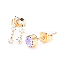 Brass Micro Pave Cubic Zirconia Stud Earrings, Asymmetrical Earrings, with 925 Sterling Silver Pins and Ear Nuts, Flat Round & Constellation/Zodiac Sign, Golden, Lilac, Capricorn, 11.5x6mm and 5mm, Pin: 0.8mm(EJEW-I253-01B)