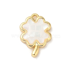 Rack Plating Brass & Shell Clover Charms with Epoxy Resin, Long-lasting Plated, Cadmium Free & Lead Free, Real 18K Gold Plated, White, 12x8.5x2.5mm, Hole: 1mm(KK-K380-01G-01)