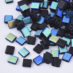 2-Hole Glass Seed Beads, Half Rainbow Plated & Frosted Colours, Square, Black, 5x4.5~5.5x2~2.5mm, Hole: 0.5~0.8mm, about 118pcs/10g(X-SEED-S031-L-049F-R)
