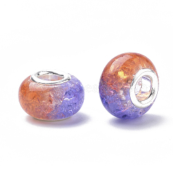 Crackle Resin European Beads, Large Hole Beads, with Silver Color Plated Brass Cores, Rondelle, Coral, 14x8.5mm, Hole: 4.5mm(RPDL-S013-01C)