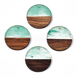 Transparent Resin & Walnut Wood Pendants, with Glitter Powder, Flat Round Charms, Light Sea Green, 28x3.5~4mm, Hole: 2mm(RESI-ZX017-28)