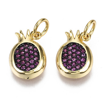 Brass Micro Pave Cubic Zirconia Charms, with Jump Ring, Nickel Free, Pomegranate, Purple, Real 16K Gold Plated, 12x9x2.5mm, Jump Ring: 5x1mm, 3mm inner diameter