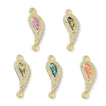 Brass Micro Pave Clear Cubic Zirconia Connector Charms, Synthetic Opal Feather Links, Long-Lasting Plated, Real 18K Gold Plated, Mixed Color, 25x8x3mm, Hole: 1.8mm