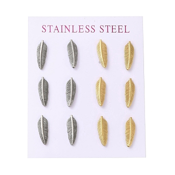 Ion Plating(IP) 304 Stainless Steel Feather Stud Earrings, with Rhinestone, Golden & Stainless Steel Color, 15.5x5.5mm