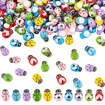 200Pcs 10 Colors Spray Painted Wood Cabochons, with Double-sided Adhesive, Ladybug, Mixed Color, 12x8x5mm, 20pcs/color