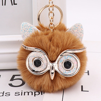 Pom Pom Ball Keychain, with KC Gold Tone Plated Alloy Lobster Claw Clasps, Iron Key Ring and Chain, Owl, Chocolate, 12cm