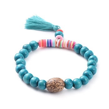 Stretch Charm Bracelets, with Dyed Wood Beads, Bodhi Beads, Cotton Tassels, Polymer Clay Heishi Beads and Brass Spacer Beads, Cyan, 2-1/8 inch(5.5cm)