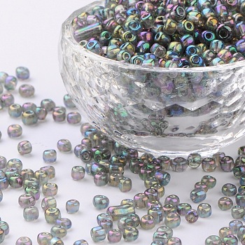 (Repacking Service Available) Round Glass Seed Beads, Transparent Colours Rainbow, Round, Dark Gray, 6/0, 4mm, about 12g/bag