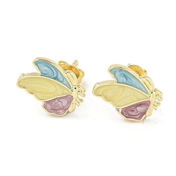 Butterfly Real 18K Gold Plated Brass Stud Earrings, with Enamel, Colorful, 11.5x12.5mm