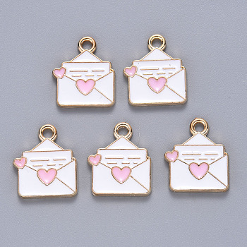 Alloy Enamel Pendants, Envelope with heart, Light Gold, Pearl Pink, 16x13x1.5mm, Hole: 1.8mm