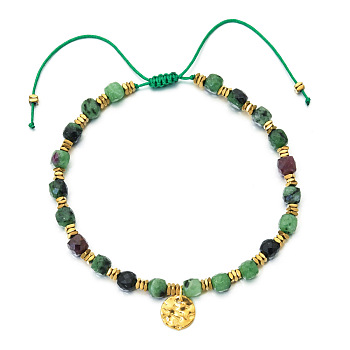 Bohemian Style Natural Ruby in Zoisite Cube Braided Bead Bracelet, Adjustable Bracelet with Flat Round Charms, 