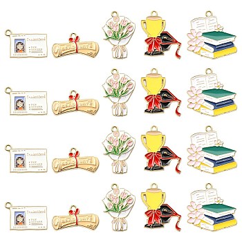 30Pcs 5 Styles Graduation Theme Alloy Enamel Pendants, Trophy & Book & Student Card & Reel  & Bouquet, Mixed Color, 16~28x22~26.5x1.5mm, Hole: 1.8~2mm, 6pcs/style