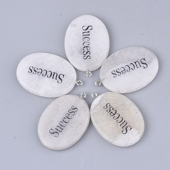 Natural White Jade Pendants, with Iron Findings, Oval with Word Success, Platinum, 43~44x29~30x5~6mm, Hole: 2mm